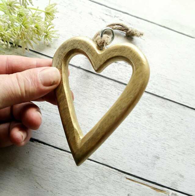 Small Medium Rounded Gold Open Wooden Hanging Heart Decoration - The Home & Hearts Shop Rustic Wall Decor Gift Wedding Christmas - image 1