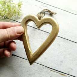 Small Medium Rounded Gold Open Wooden Hanging Heart Decoration - The Home & Hearts Shop Rustic Wall Decor Gift Wedding Christmas - thumbnail 1