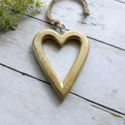 Small Medium Rounded Gold Open Wooden Hanging Heart Decoration - The Home & Hearts Shop Rustic Wall Decor Gift Wedding Christmas - thumbnail 2