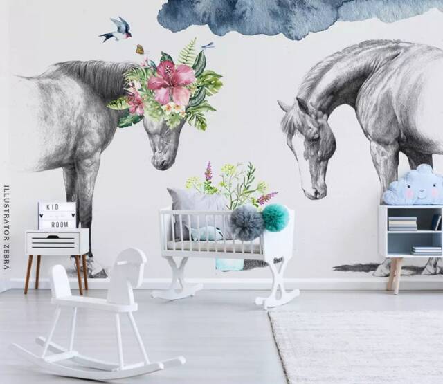 3D Horse Wallpaper, Floral Ink Wall Mural, Peel & Stick - image 1