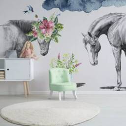 3D Horse Wallpaper, Floral Ink Wall Mural, Peel & Stick - thumbnail 3