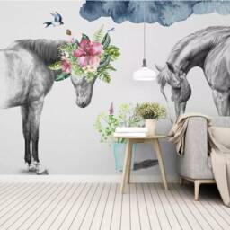 3D Horse Wallpaper, Floral Ink Wall Mural, Peel & Stick - thumbnail 2