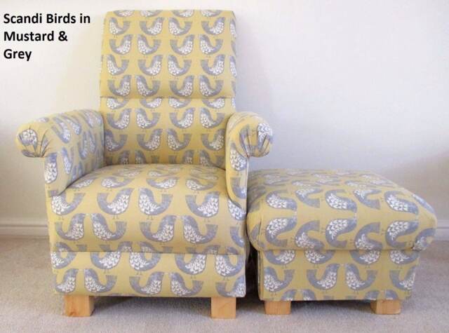 Scandi Birds Fabric Adult Armchair & Footstool Set Chair Ochre Blue Statement Small Nursery - image 1