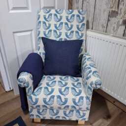 Scandi Birds Fabric Adult Armchair & Footstool Set Chair Ochre Blue Statement Small Nursery - thumbnail 3