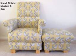 Scandi Birds Fabric Adult Armchair & Footstool Set Chair Ochre Blue Statement Small Nursery - thumbnail 1