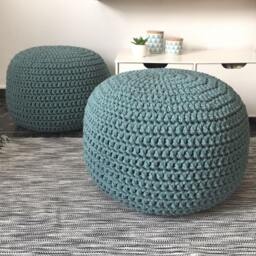 Teal Crochet Pouf Ottoman, Chunky Knit Footstool Pouffe, Eco Cotton, Modern Home Decor