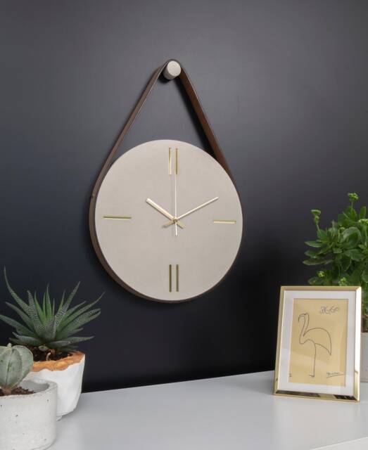Handmade Concrete Wall Clock, Faux Leather Strap, Modern Minimalist Design - image 1