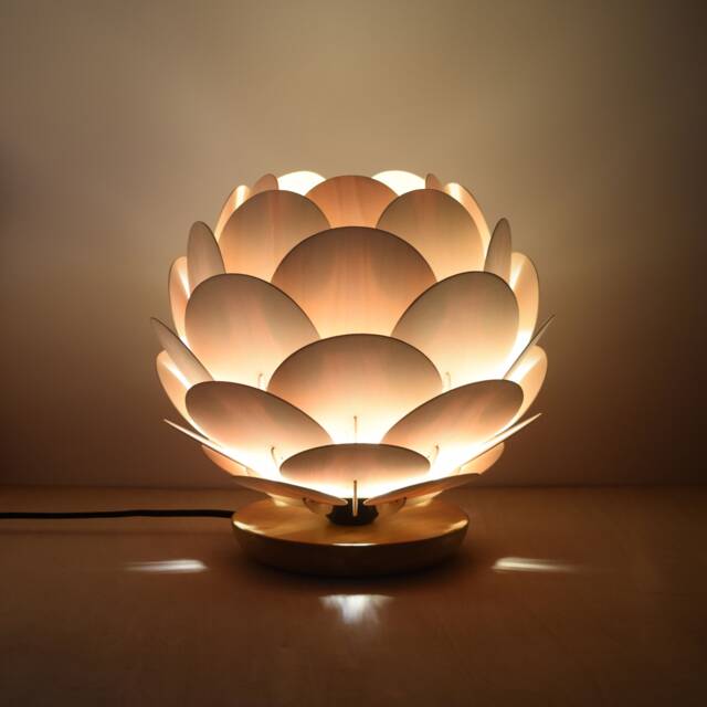 Table Lamp, Round Pine Cone Lamp, Handmade Wood Desk Lamp, Acorn Light, Artichoke, Bedroom, Plywood Shade With Chinese Ash Wooden Base - image 1