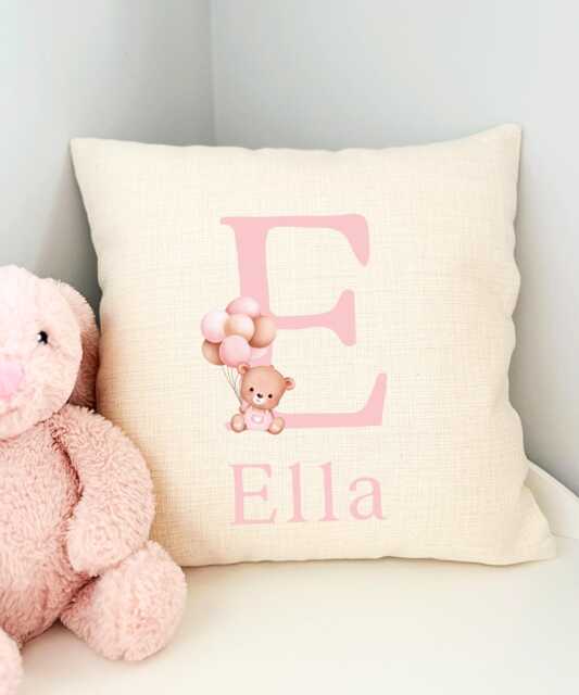 Pink Teddy Bear Girls Cushion, Personalised Cushion For Granddaughter, Gift Niece, Balloon Nursery - image 1