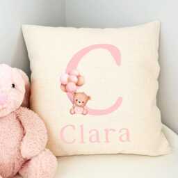 Pink Teddy Bear Girls Cushion, Personalised Cushion For Granddaughter, Gift Niece, Balloon Nursery - thumbnail 3