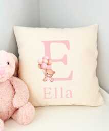 Pink Teddy Bear Girls Cushion, Personalised Cushion For Granddaughter, Gift Niece, Balloon Nursery - thumbnail 1