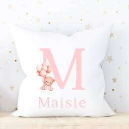 Pink Teddy Bear Girls Cushion, Personalised Cushion For Granddaughter, Gift Niece, Balloon Nursery - thumbnail 2
