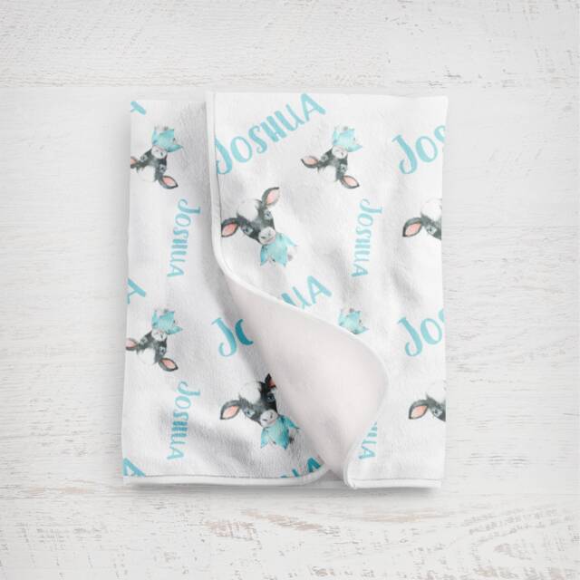 Custom Cow Calf Farm Baby Boy Blanket in Fleece, Minky, Or Sherpa. Personalized Perfect Shower Gift Light Blue Swaddle Receiving - image 1