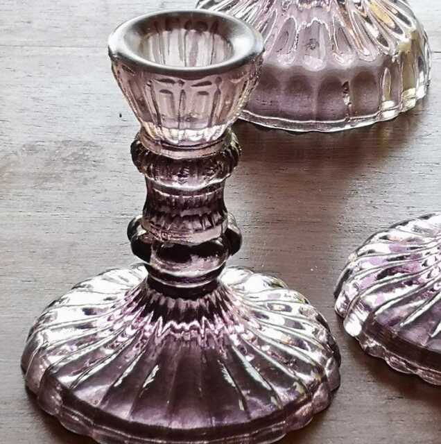 Small Purple Glass Candlestick Holder - Light Heather Candle Taper Dinner Etched Coloured