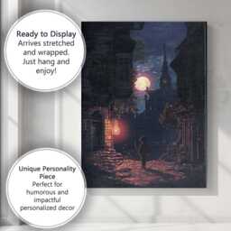 Moonlit Old Town Street Fantasy Nightscape Canvas Wall Art Print Decor Picture Ready To Hang - thumbnail 3