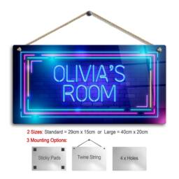 Personalised Neon Print Room Sign - Blue Brick Retro Theme. Gloss Metal Wall Art - thumbnail 2