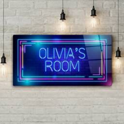 Personalised Neon Print Room Sign - Blue Brick Retro Theme. Gloss Metal Wall Art - thumbnail 4