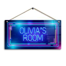 Personalised Neon Print Room Sign - Blue Brick Retro Theme. Gloss Metal Wall Art