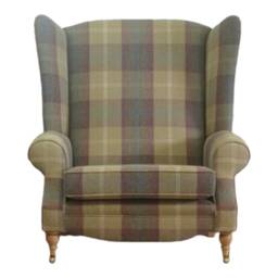 Queen Anne Wingback Fireside Chair Extra Wide Tartan Fabric - thumbnail 2