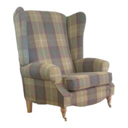 Queen Anne Wingback Fireside Chair Extra Wide Tartan Fabric - thumbnail 1