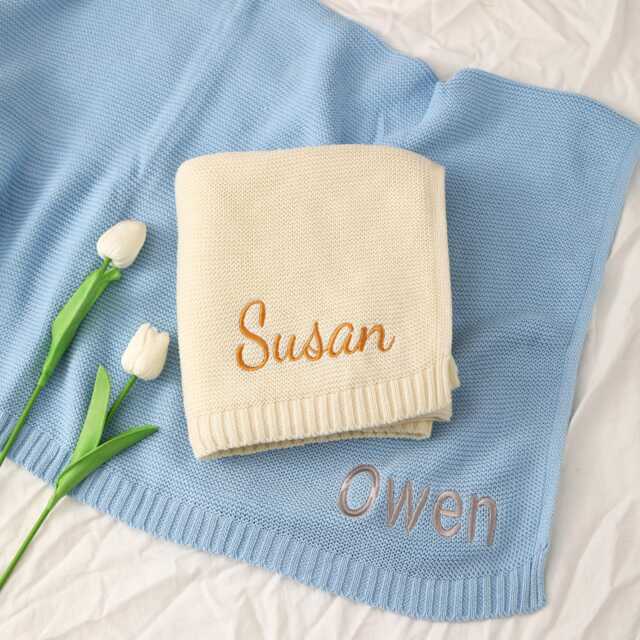 Embroidered Knit Baby Blanket With Name Personalized Cotton Yarn - image 1