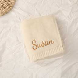 Embroidered Knit Baby Blanket With Name Personalized Cotton Yarn - thumbnail 3
