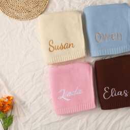 Embroidered Knit Baby Blanket With Name Personalized Cotton Yarn - thumbnail 2