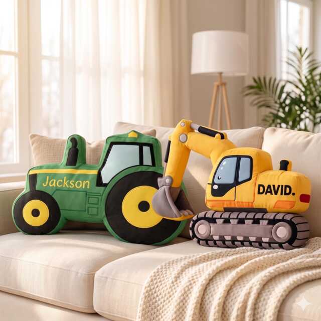 Personalized Excavator Pillow, Custom Face Shaped Names Bulldozer Toddler Nursery Decor, Gift For Boys - image 1
