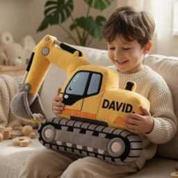 Personalized Excavator Pillow, Custom Face Shaped Names Bulldozer Toddler Nursery Decor, Gift For Boys - thumbnail 2