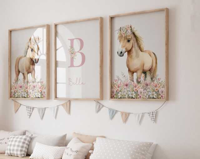 Pink Pony Personalised Set Of 3 Nursery Prints For Baby Girls Room, Girl Bedroom Prints, Decor Wall Art, Horses - image 1