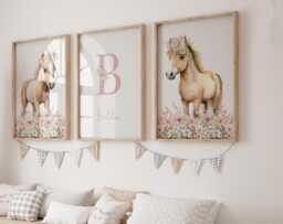 Pink Pony Personalised Set Of 3 Nursery Prints For Baby Girls Room, Girl Bedroom Prints, Decor Wall Art, Horses - thumbnail 1