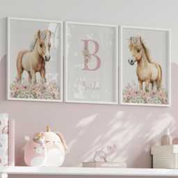 Pink Pony Personalised Set Of 3 Nursery Prints For Baby Girls Room, Girl Bedroom Prints, Decor Wall Art, Horses - thumbnail 2