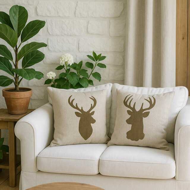 Deer Head Pillows Set Of 2 - Hand Painted Bronze Reindeer Print On Natural Linen Cushion Cover Rustic Farmhouse Christmas Decor - image 1