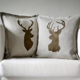 Deer Head Pillows Set Of 2 - Hand Painted Bronze Reindeer Print On Natural Linen Cushion Cover Rustic Farmhouse Christmas Decor - thumbnail 2