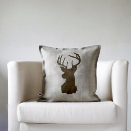 Deer Head Pillows Set Of 2 - Hand Painted Bronze Reindeer Print On Natural Linen Cushion Cover Rustic Farmhouse Christmas Decor - thumbnail 3