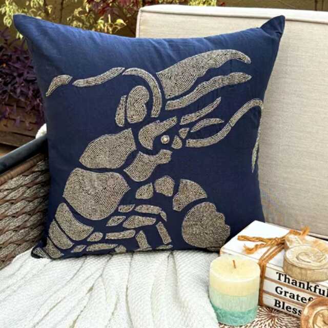 Navy Blue Cotton & Linen Beaded Sea Creature Pattern, Beach Style Throw Pillow Cover - Lobster At The Shore - image 1