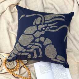 Navy Blue Cotton & Linen Beaded Sea Creature Pattern, Beach Style Throw Pillow Cover - Lobster At The Shore - thumbnail 2