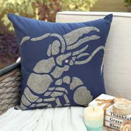 Navy Blue Cotton & Linen Beaded Sea Creature Pattern, Beach Style Throw Pillow Cover - Lobster At The Shore - thumbnail 3