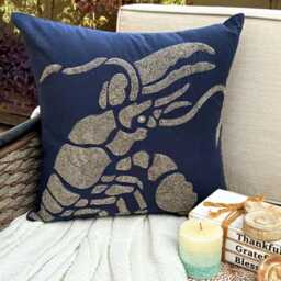 Navy Blue Cotton & Linen Beaded Sea Creature Pattern, Beach Style Throw Pillow Cover - Lobster At The Shore - thumbnail 1