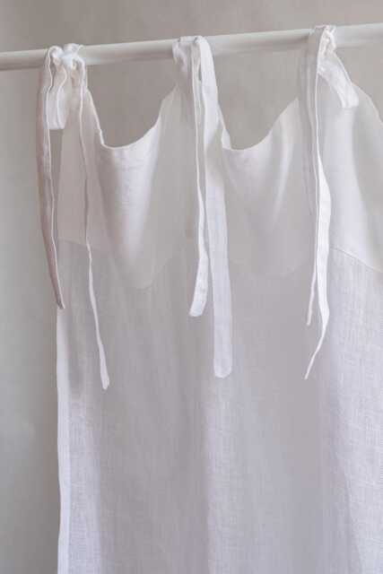 White Linen Tie Top Curtain Panel, Boho Sheer Muslin Drape - image 1