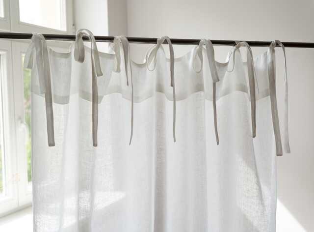 White Linen Tie Top Curtain Panel, Boho Sheer Muslin Drape - image 1