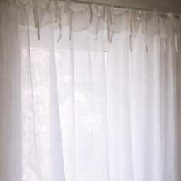 White Linen Tie Top Curtain Panel, Boho Sheer Muslin Drape - thumbnail 2