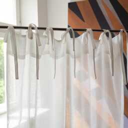 White Linen Tie Top Curtain Panel, Boho Sheer Muslin Drape - thumbnail 2