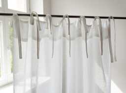 White Linen Tie Top Curtain Panel, Boho Sheer Muslin Drape - thumbnail 1