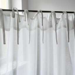 White Linen Tie Top Curtain Panel, Boho Sheer Muslin Drape - thumbnail 3