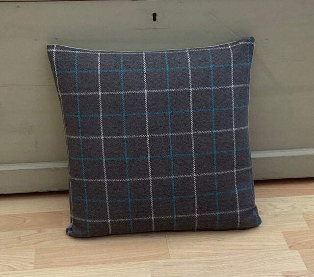 Handmade Tartan Plaid Cushion Cover Bamburgh Grey Aqua Tweed Pillow - image 1