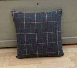 Handmade Tartan Plaid Cushion Cover Bamburgh Grey Aqua Tweed Pillow - thumbnail 1