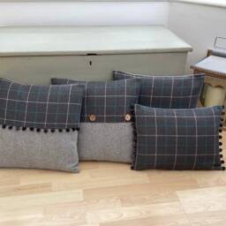 Handmade Tartan Plaid Cushion Cover Bamburgh Grey Aqua Tweed Pillow - thumbnail 2