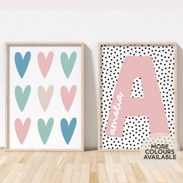 Girls Print Set - Hearts & Name Prints Bedroom Nursery Playroom Decor Unframed - image 1