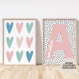 Girls Print Set - Hearts & Name Prints Bedroom Nursery Playroom Decor Unframed - thumbnail 1